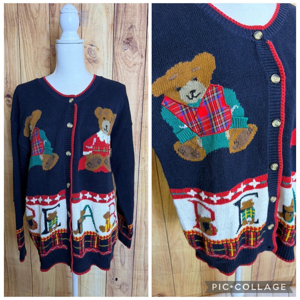 Vintage Gallagher Teddy Bear Grannycore Ugly Christmas Cardigan Sweater Size L